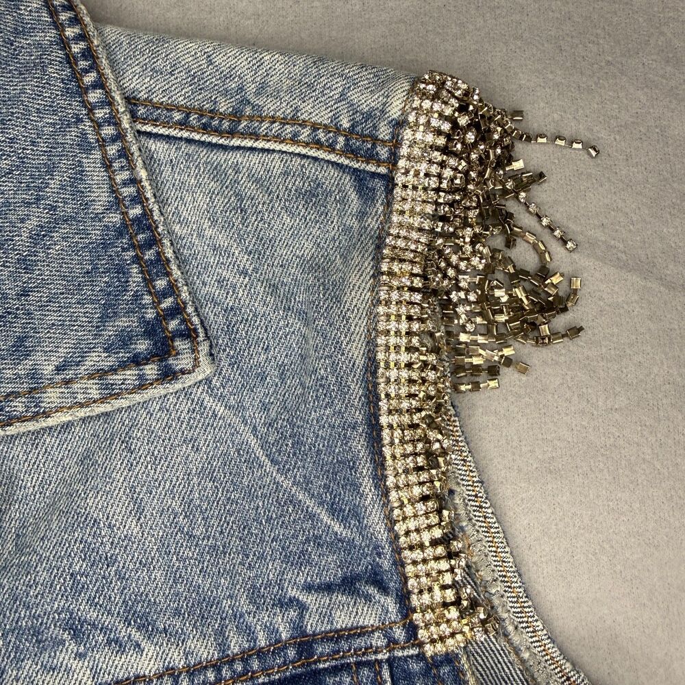 BLANKNYC Crystal Rhinestone Fringe Cropped Denim Vest Light Wash Size Small - Picture 5 of 7